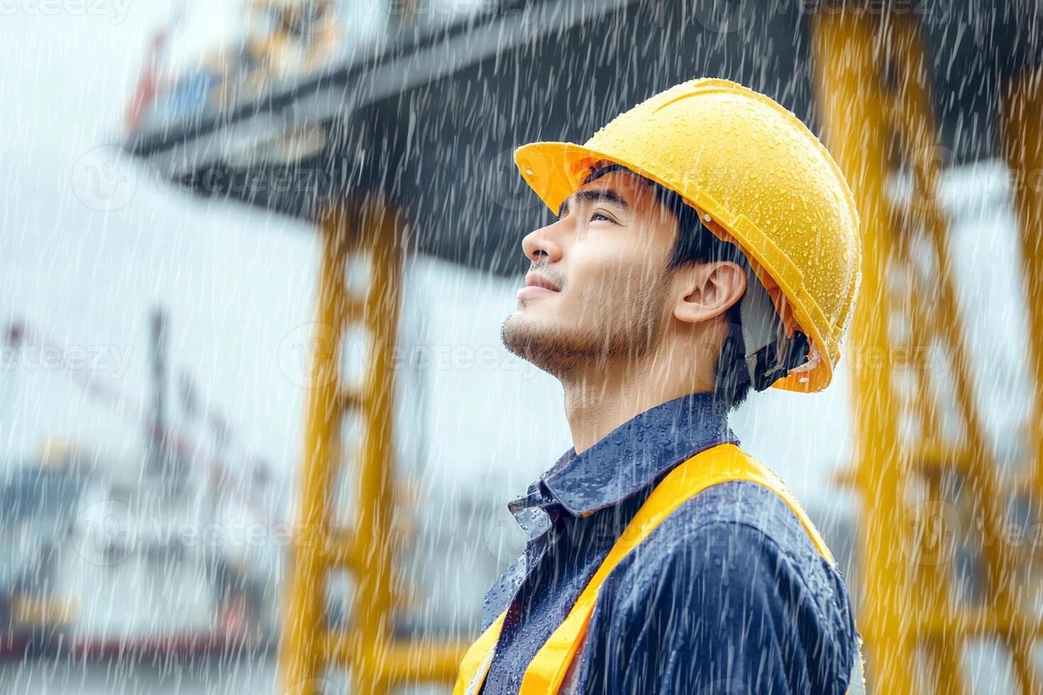 A man in a hard hat looking up at the sky photo