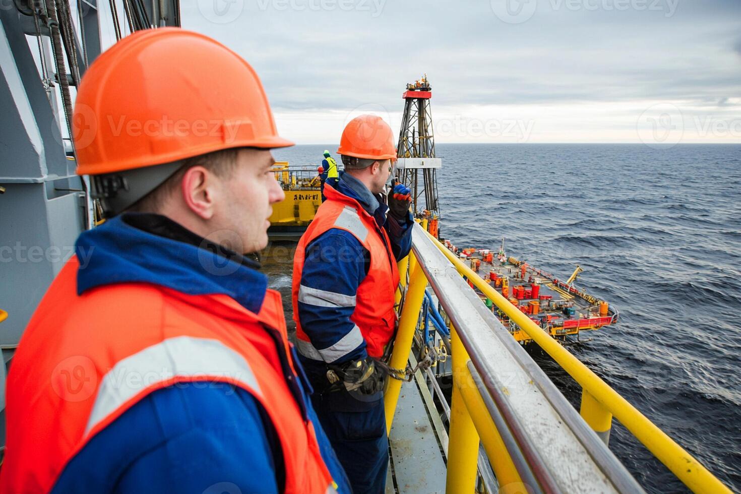 Two men in orange vests and hard hats on a ship photo