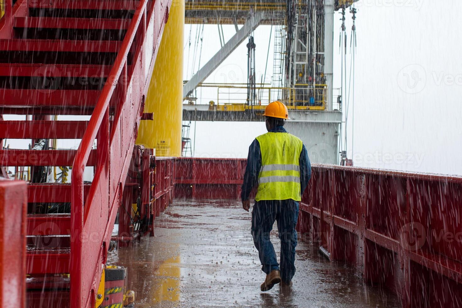 A man in a hard hat walking on a dock in the rain photo