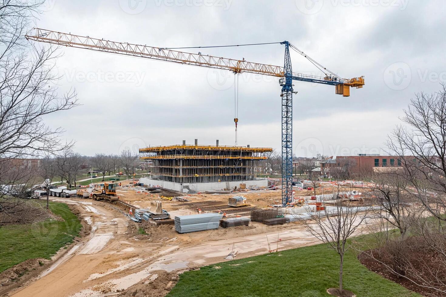 A crane is working on a building under construction photo