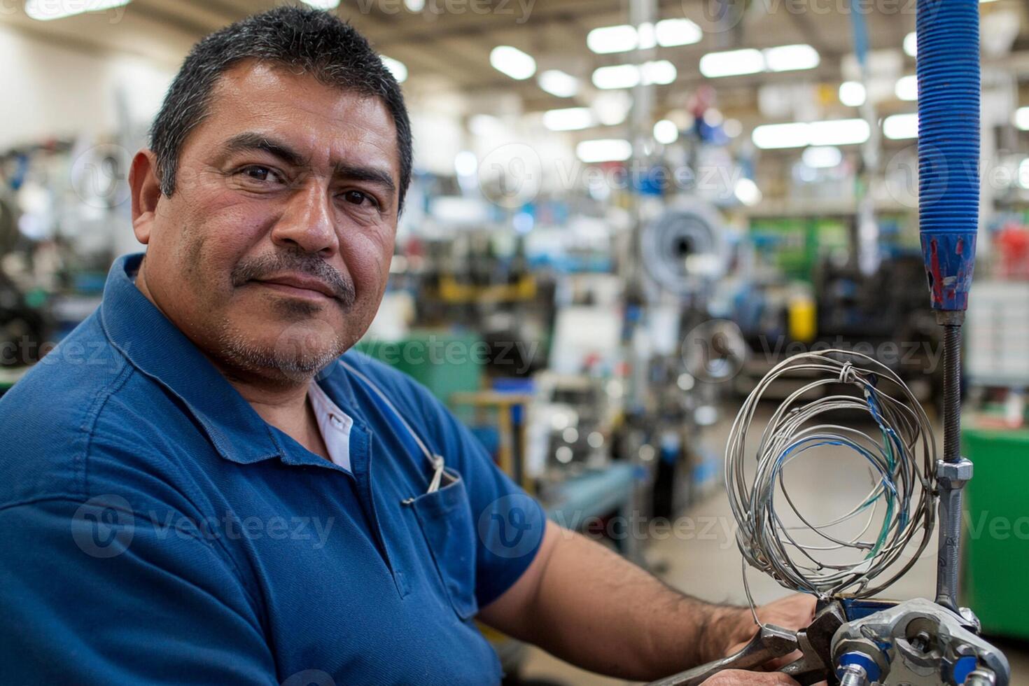 A man in a blue shirt holding a wire in a factory photo