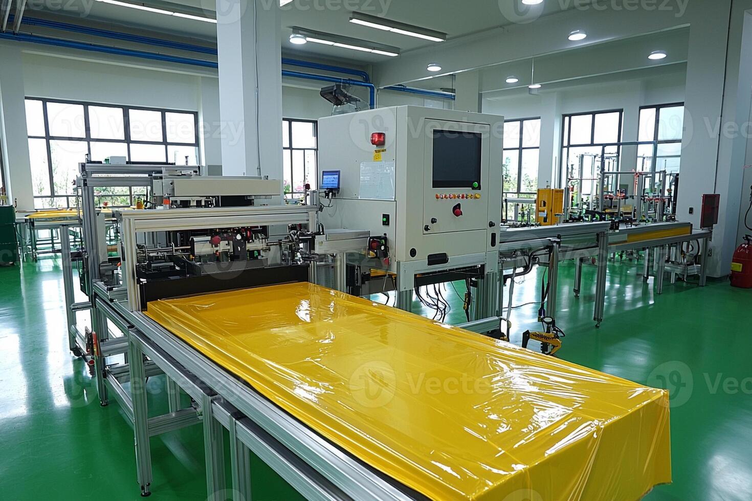 A factory with yellow sheets on the floor photo