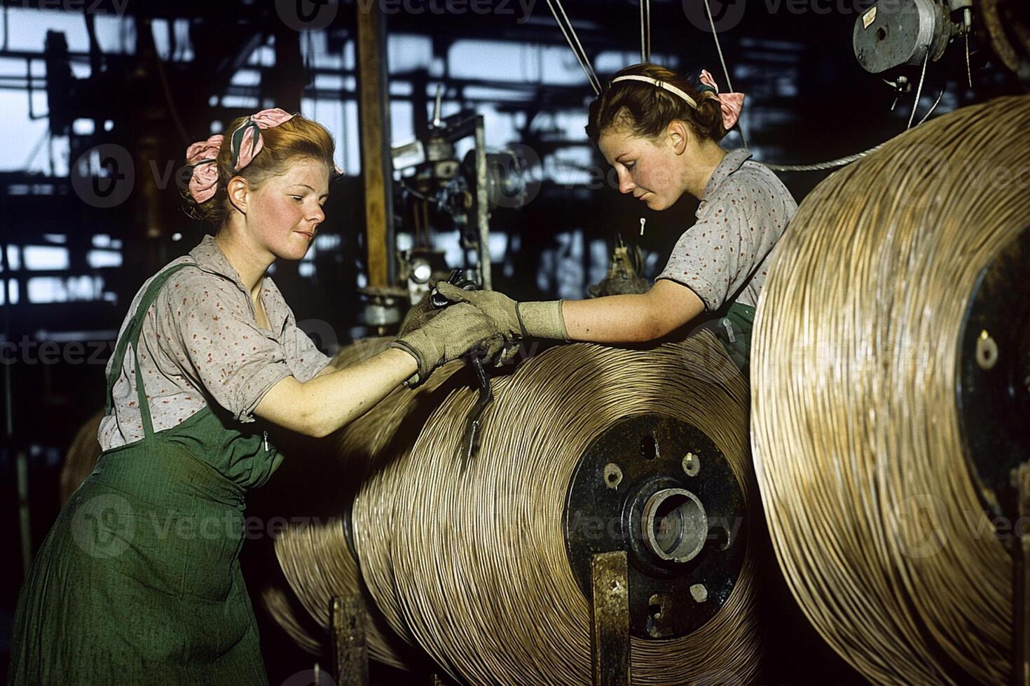 Two women working on a large roll of wire photo