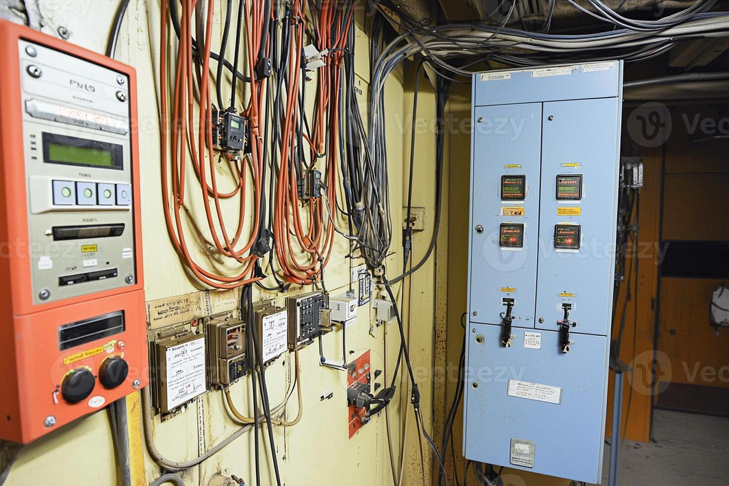 A room with a lot of wires and equipment photo
