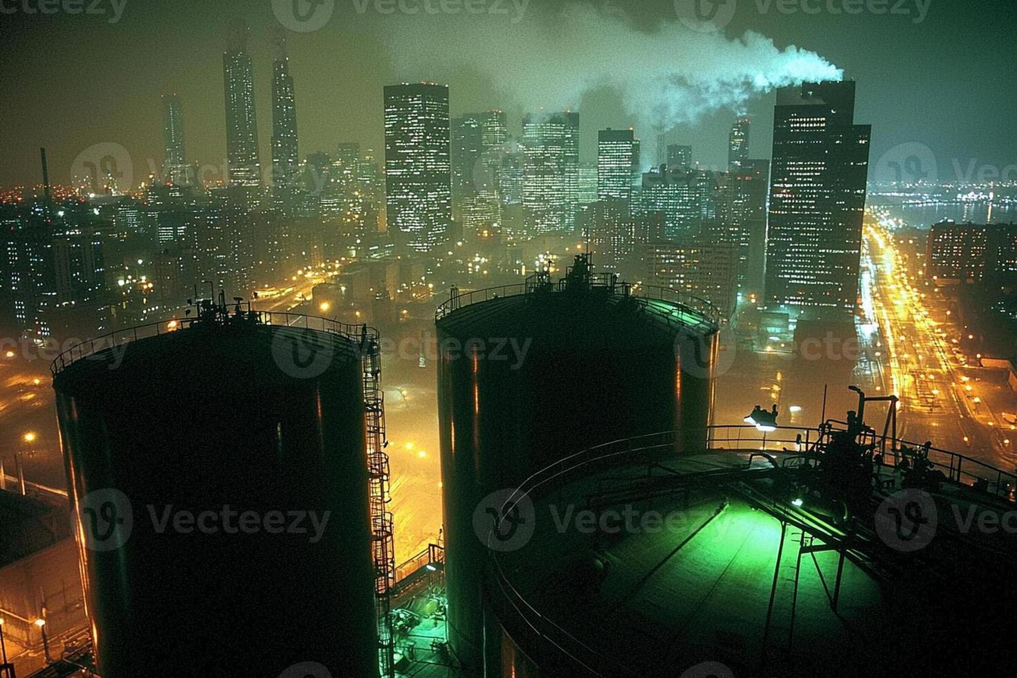 A city at night with tall buildings and green lights photo