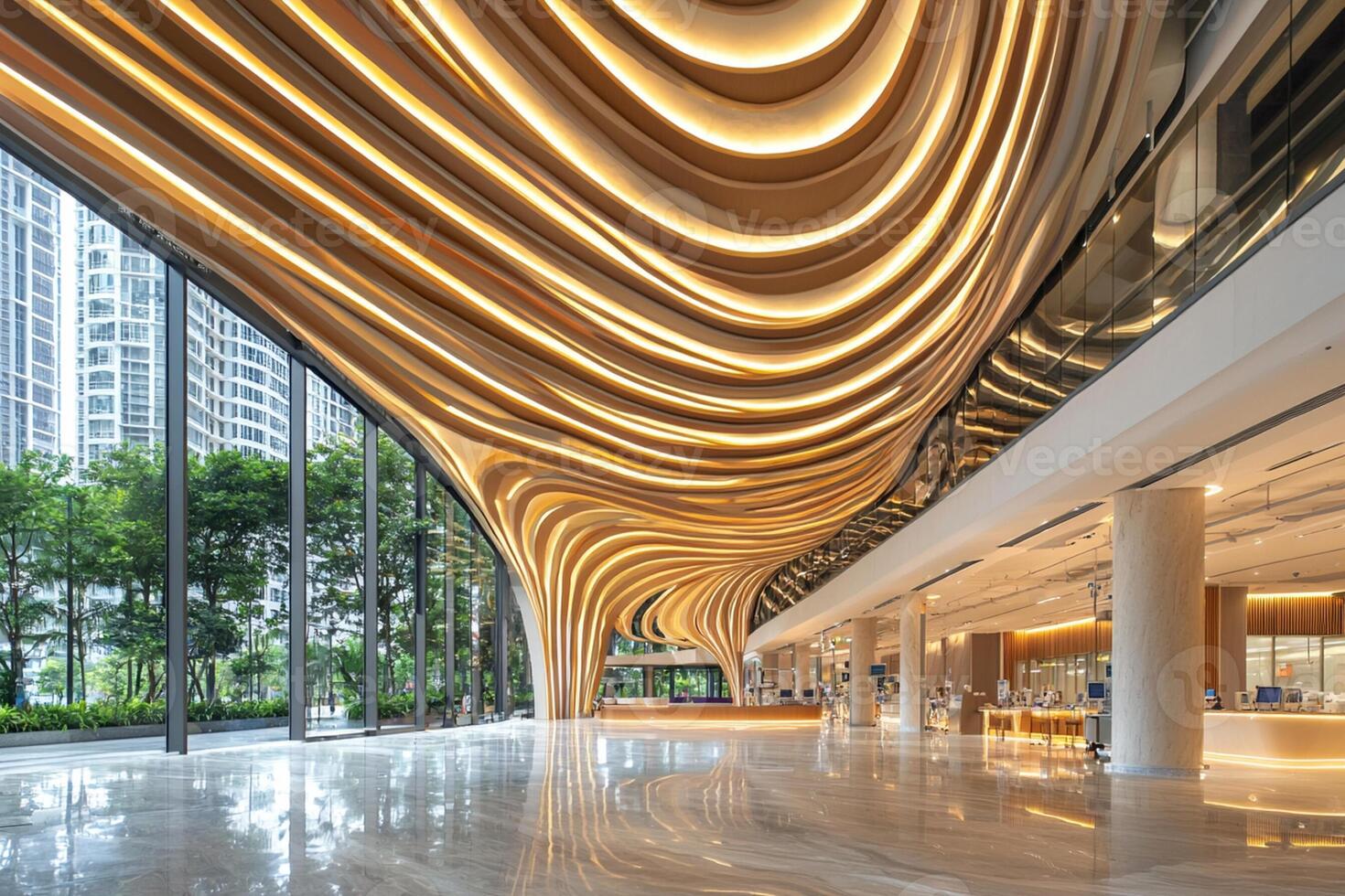 A lobby with a curved ceiling and lots of light photo