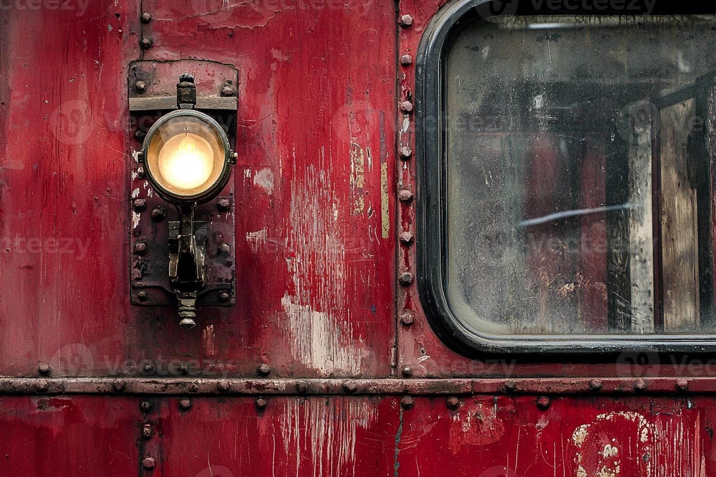 A red train car with a light on it photo