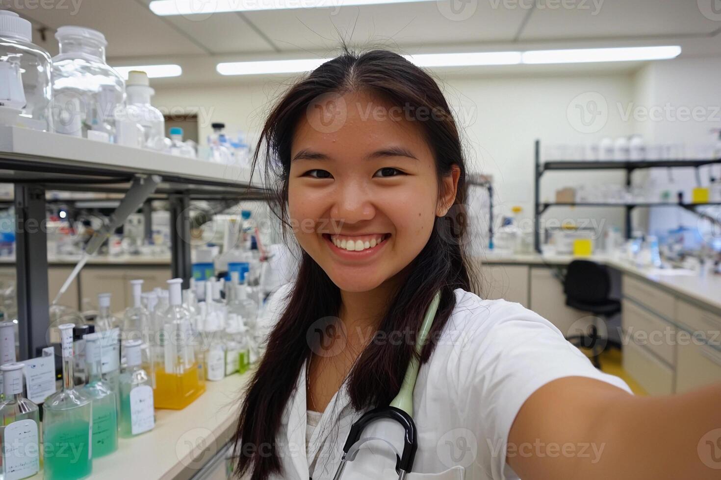 A female scientist taking a selfie in a laboratory photo