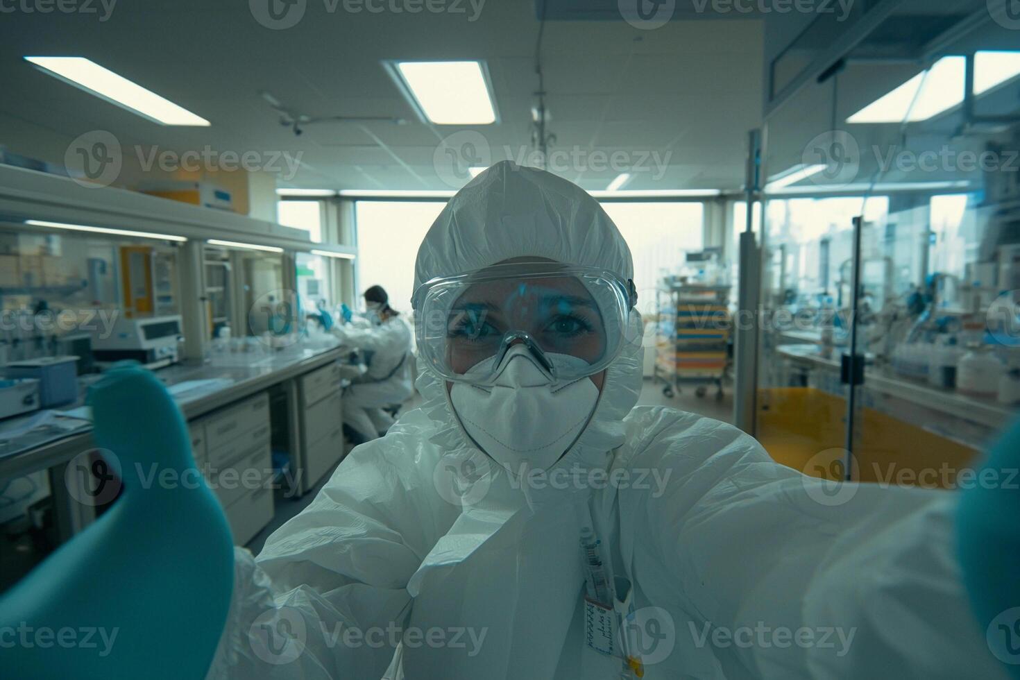 A person in a lab coat and gloves photo