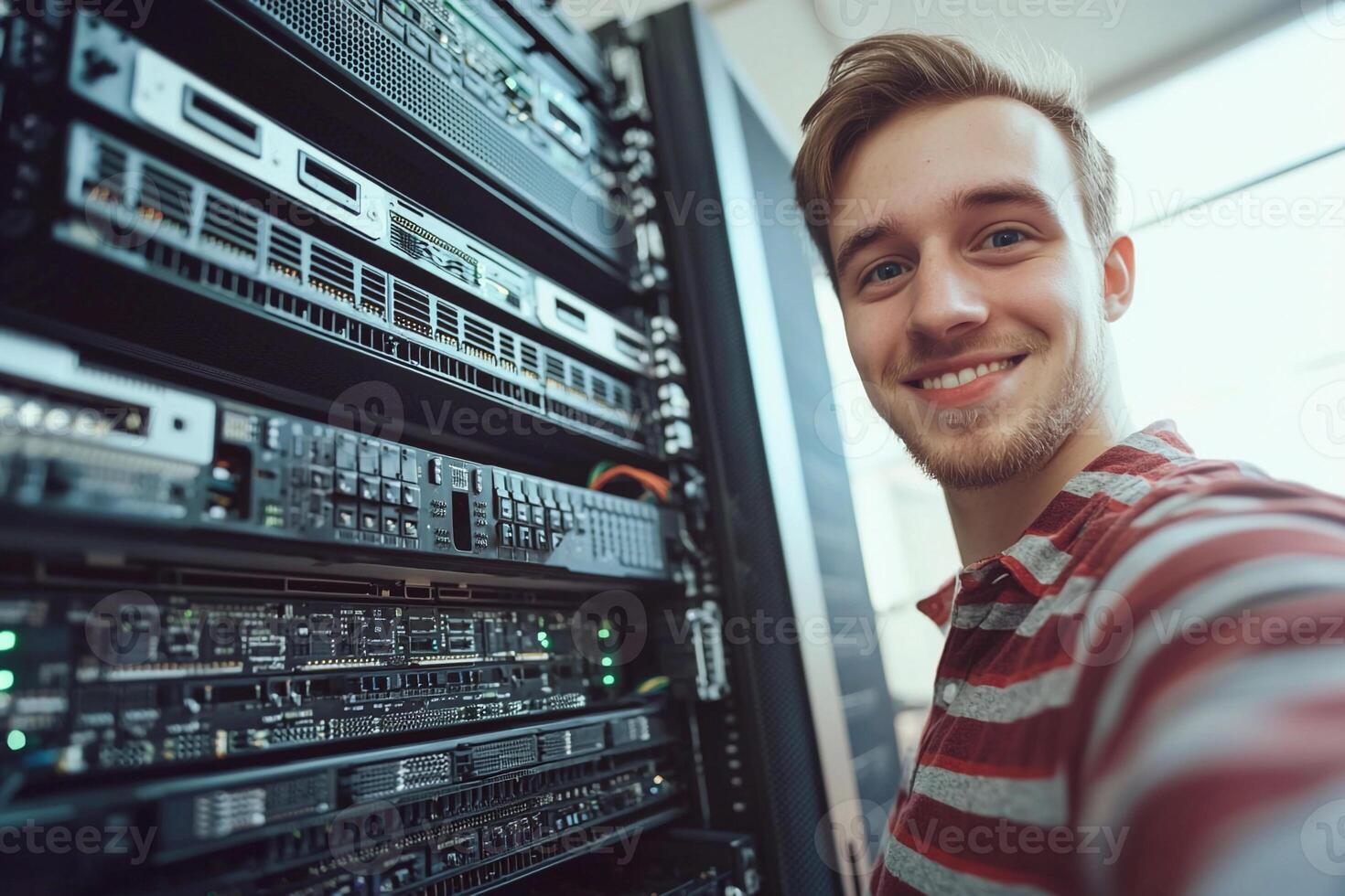A man is smiling in front of a rack of servers photo