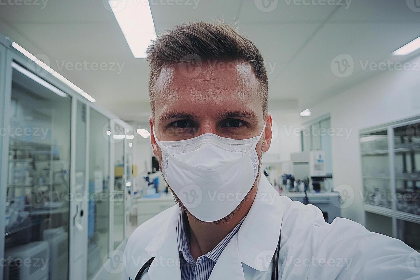 A man in a lab coat and mask taking a selfie photo