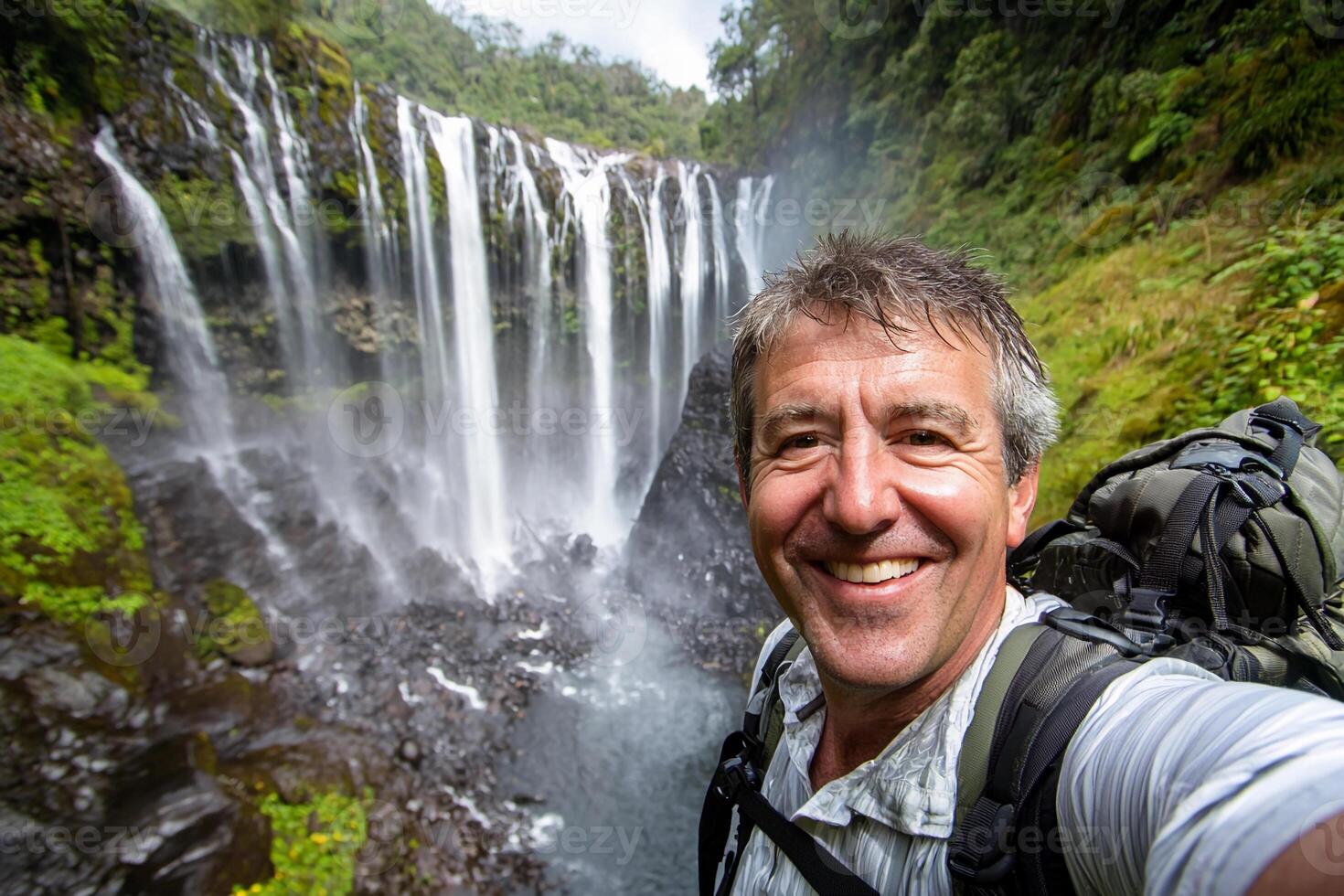 A man taking a selfie in front of a waterfall photo