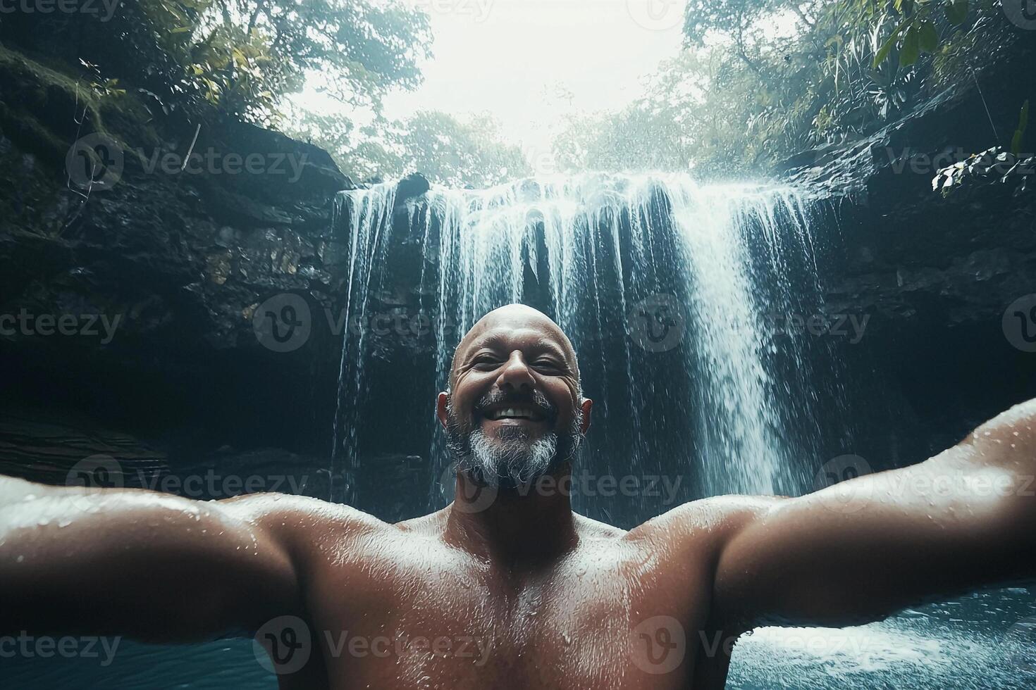 A man is taking a selfie in front of a waterfall photo
