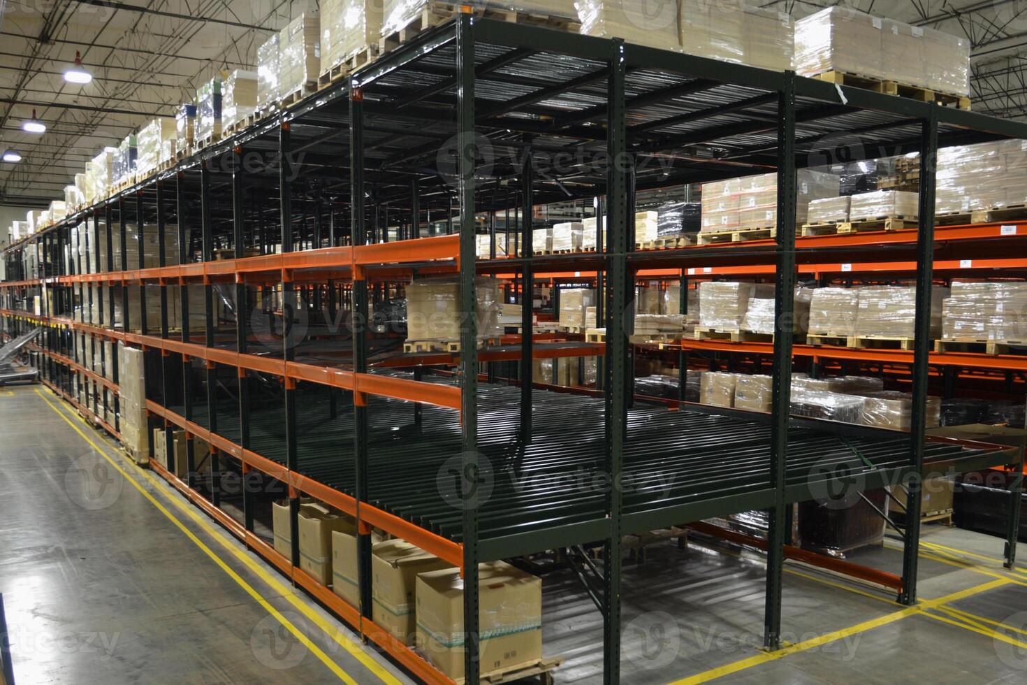 A warehouse with shelves and boxes on them photo
