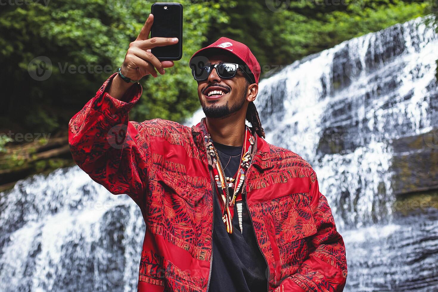 A man in a red jacket taking a selfie in front of a waterfall photo