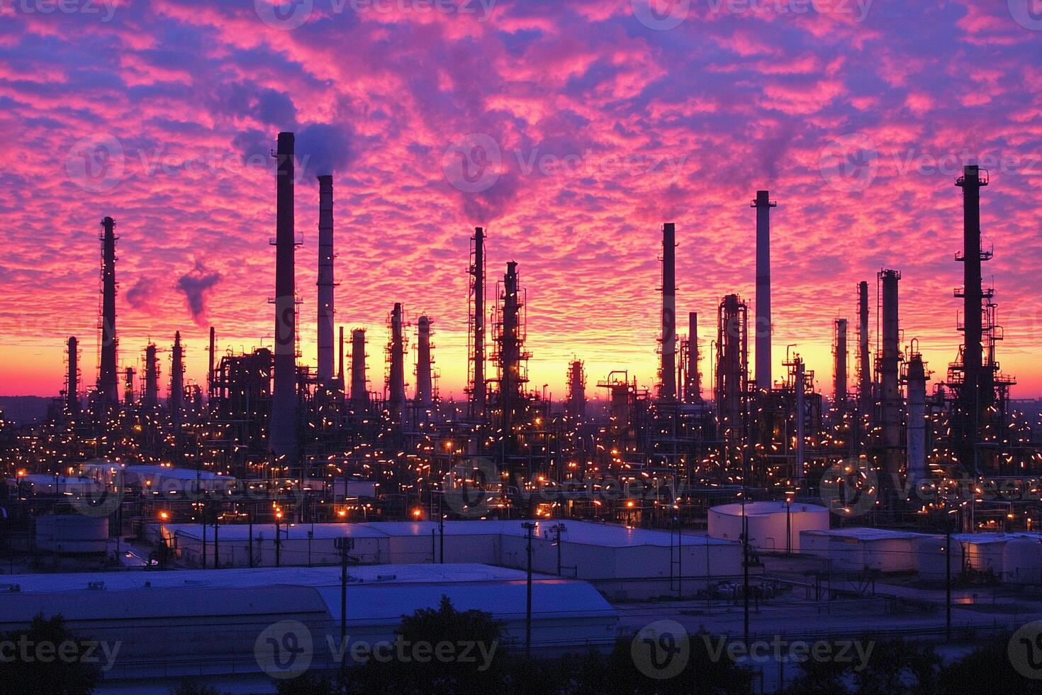 A large oil refinery at sunset with purple clouds photo
