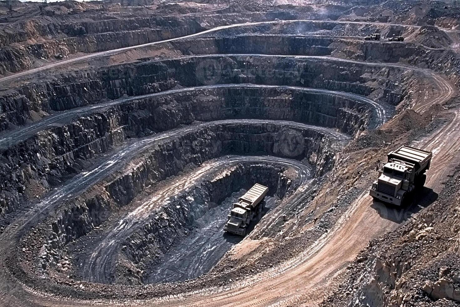 A large open pit with trucks driving through it photo