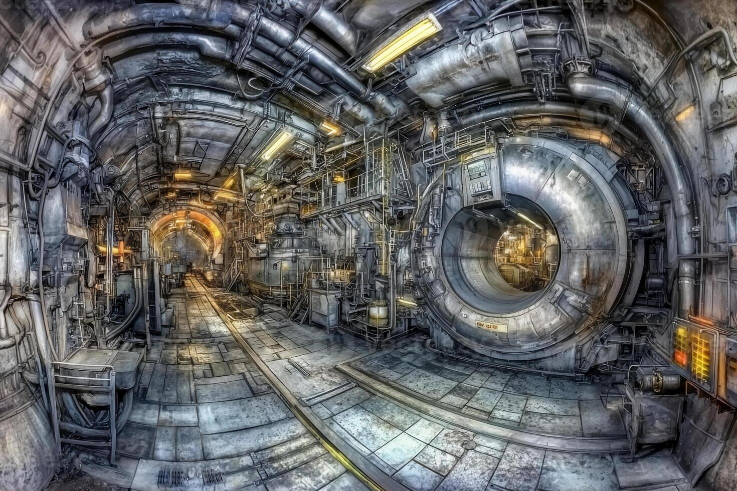 A futuristic tunnel with pipes and machinery photo