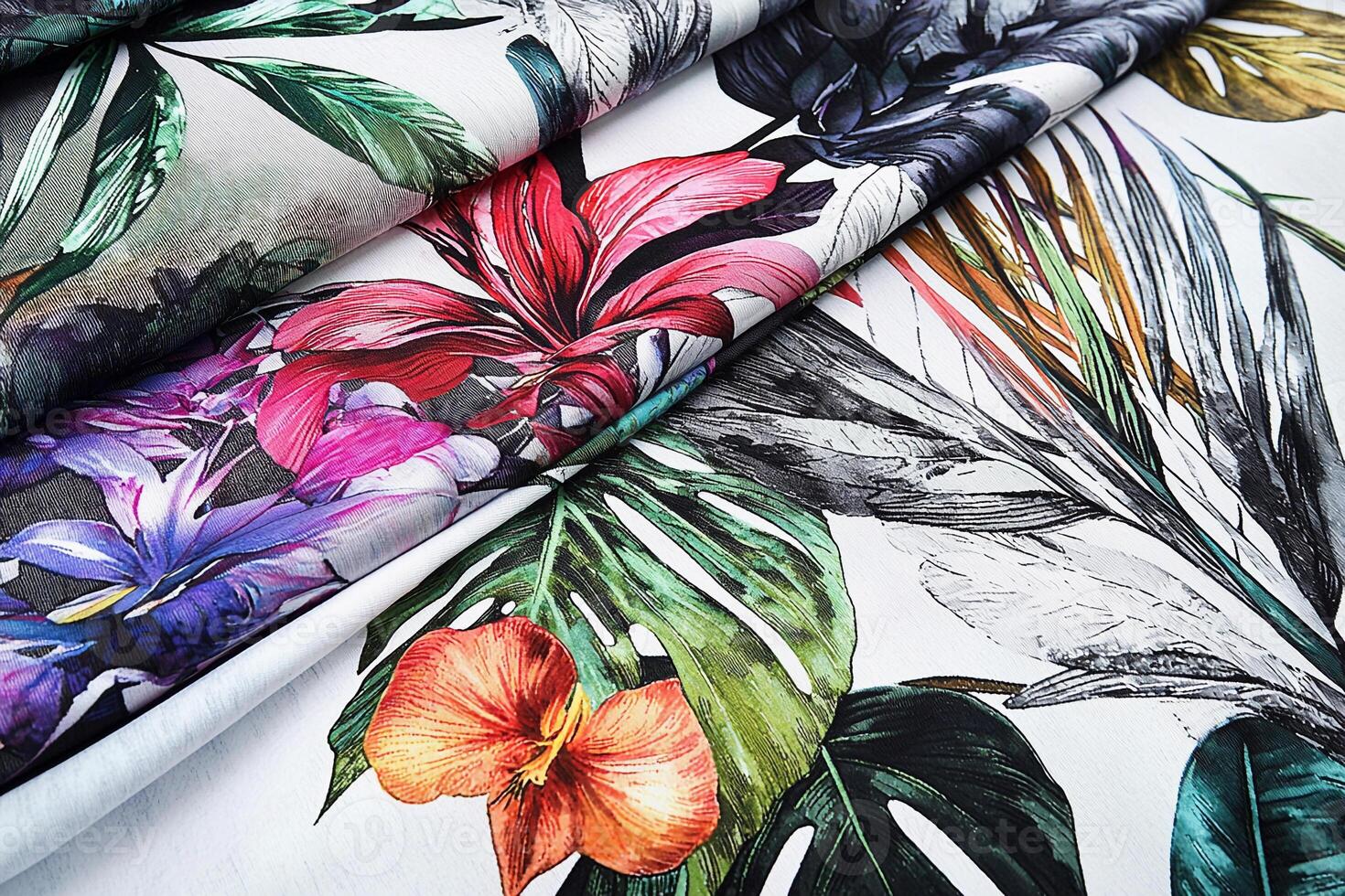 A close up of a tropical print fabric photo