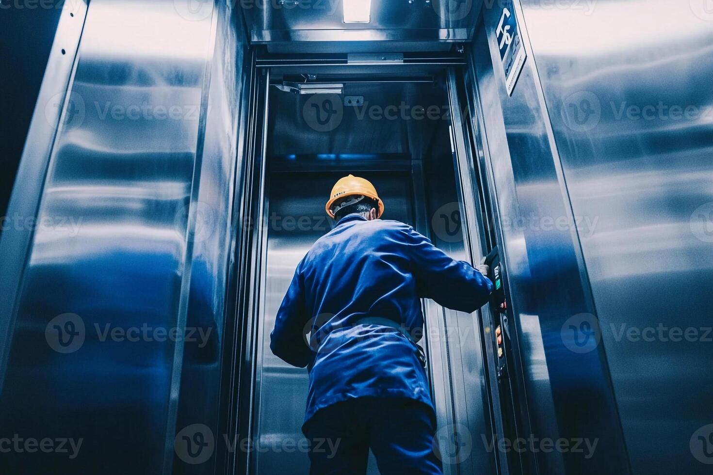 A man in a hard hat standing in an elevator photo