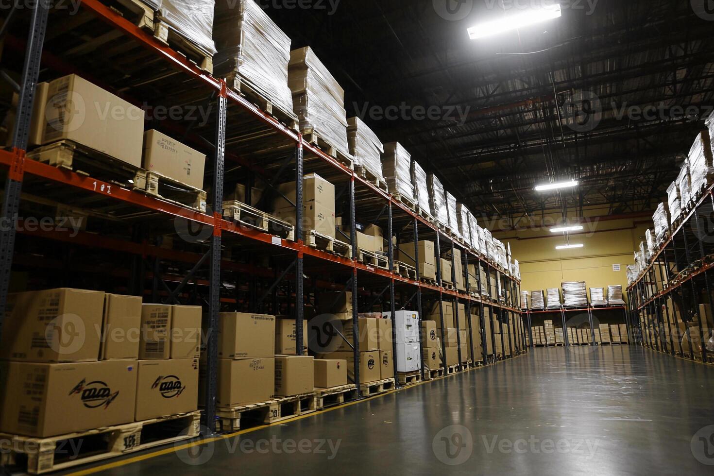 A warehouse with boxes and pallets on the shelves photo