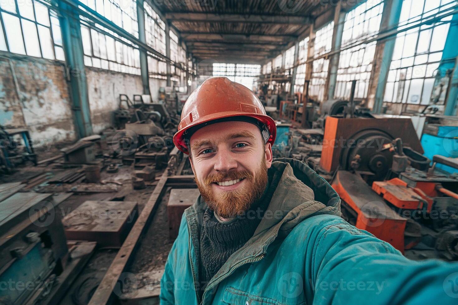 A man in a factory taking a selfie photo