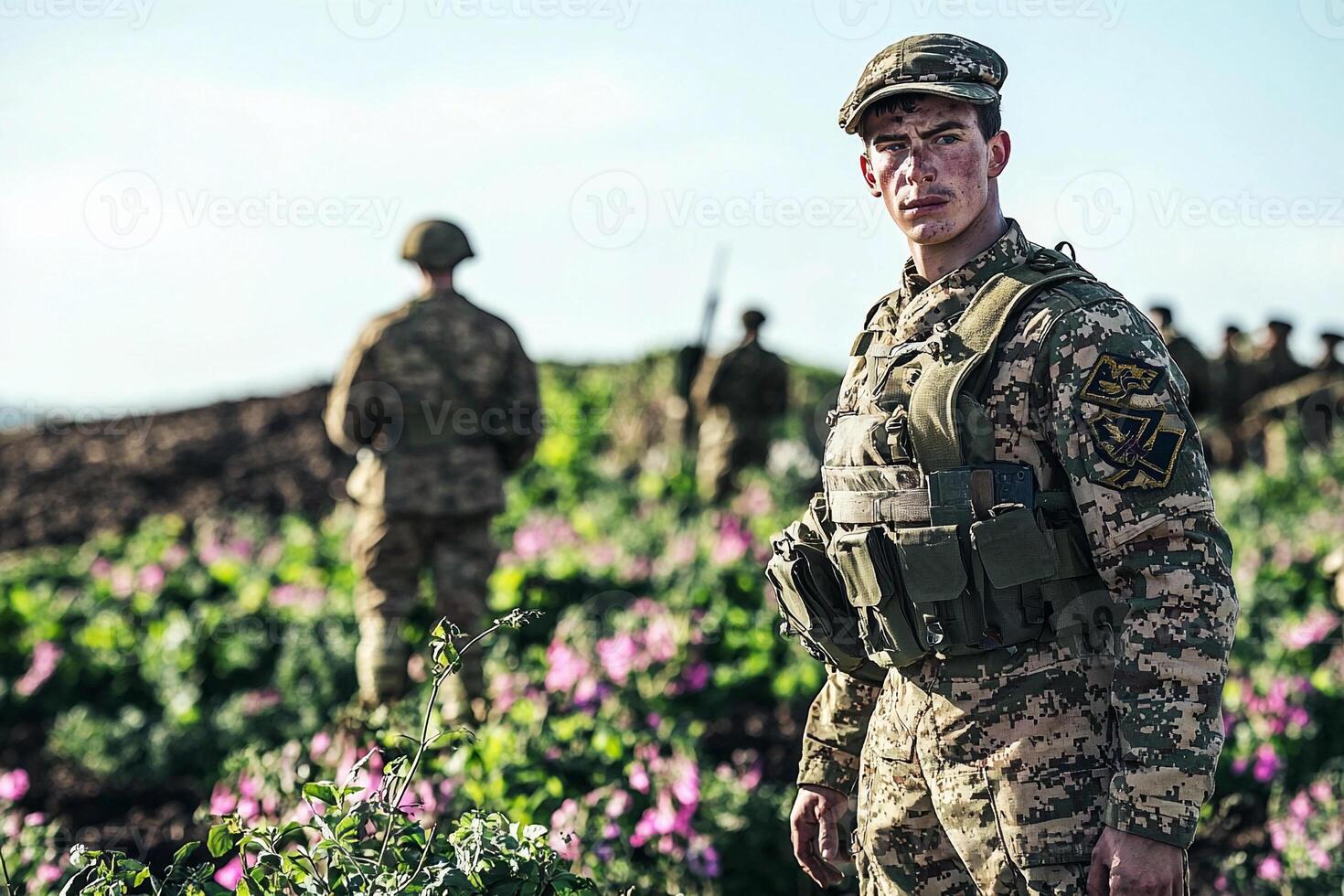 A soldier stands in the middle of a field of flowers photo