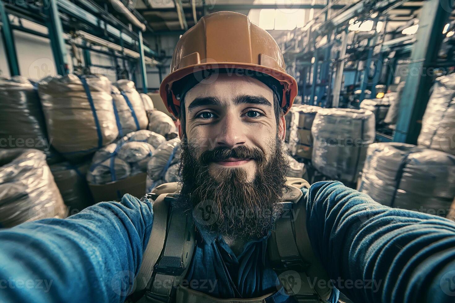 A man with a beard and hard hat in a warehouse photo