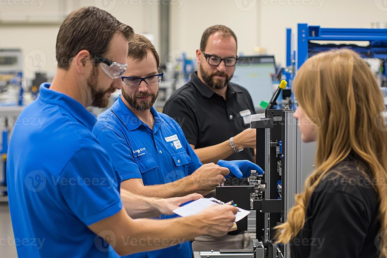 Three people working on a machine in a factory photo