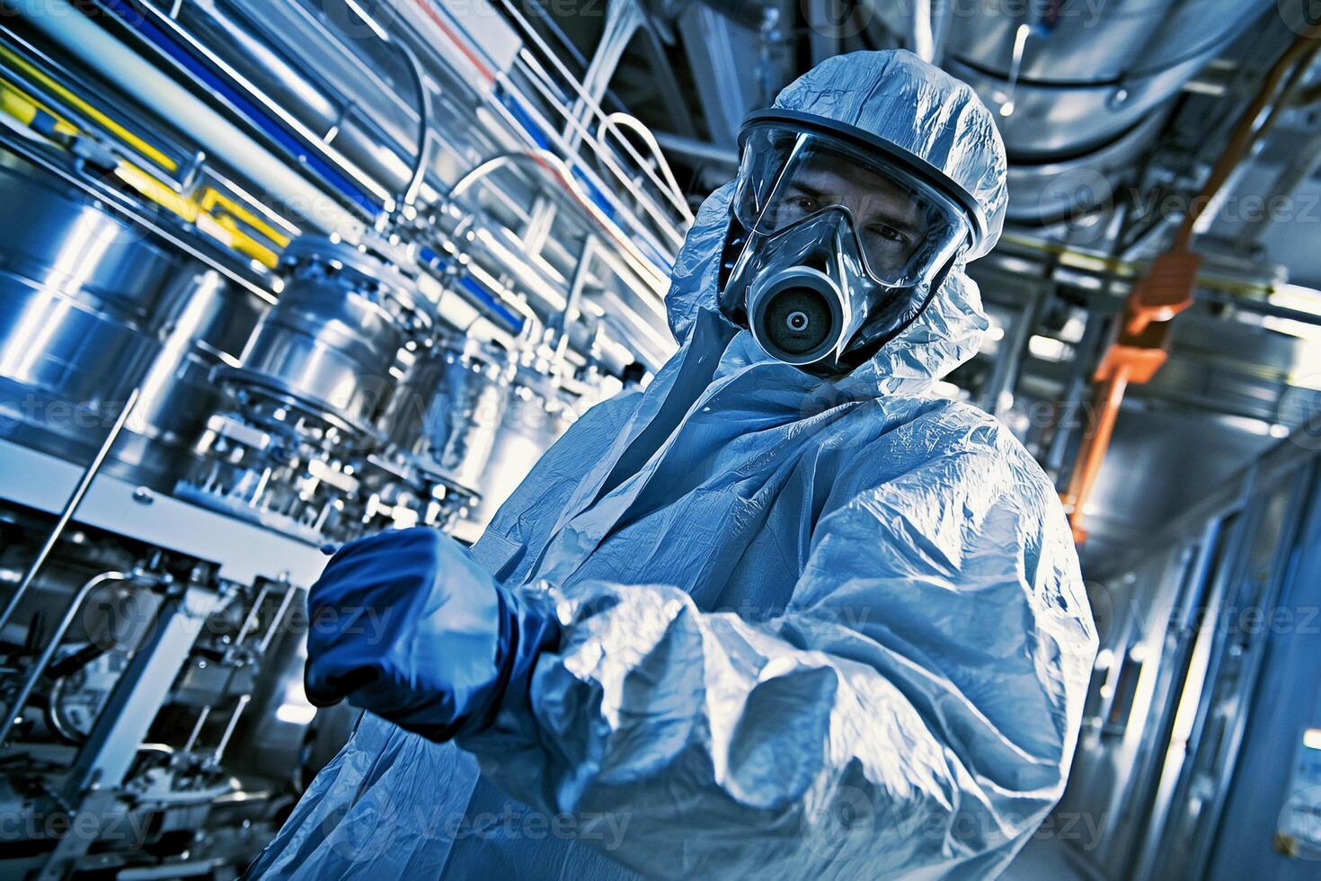 A man in a protective suit and gas mask photo