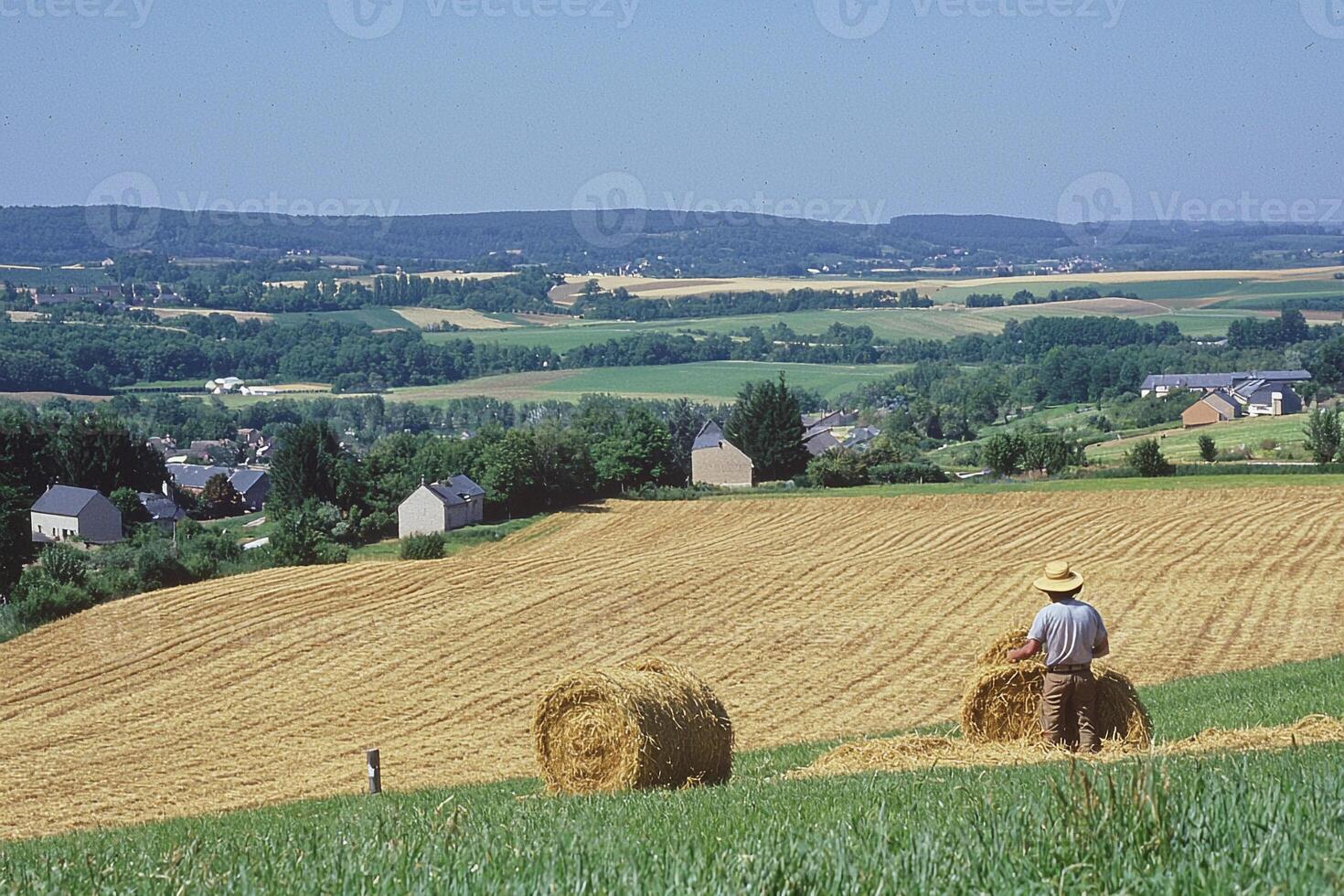 A man standing in a field with hay bales photo