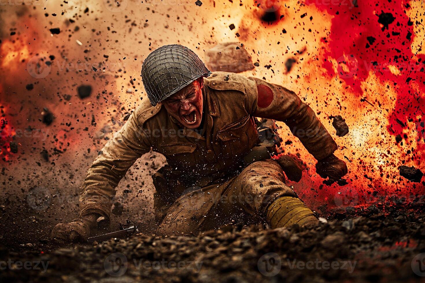 A man in a military uniform is running through a fire photo