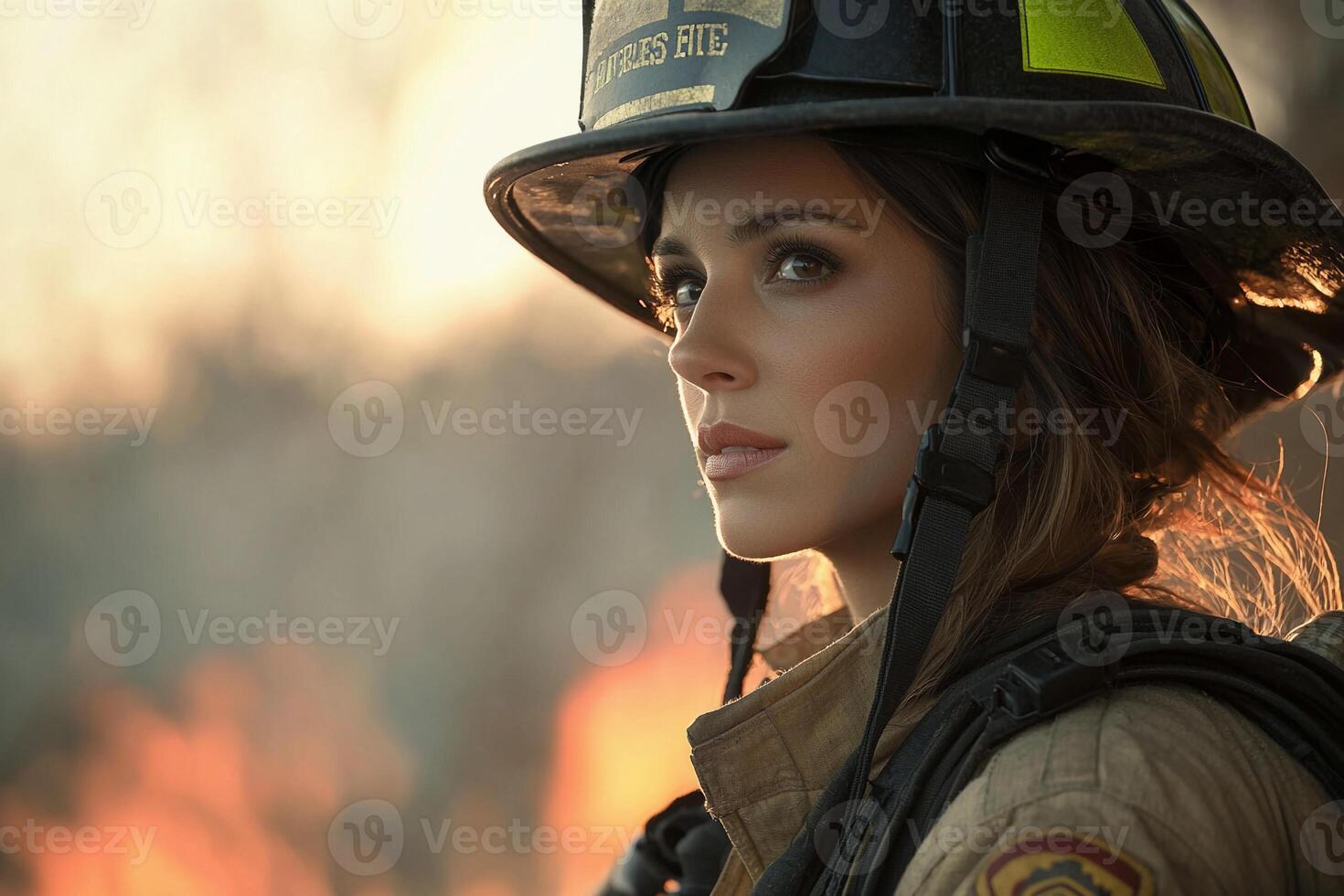 A woman in a firefighter's uniform is looking off to the side photo