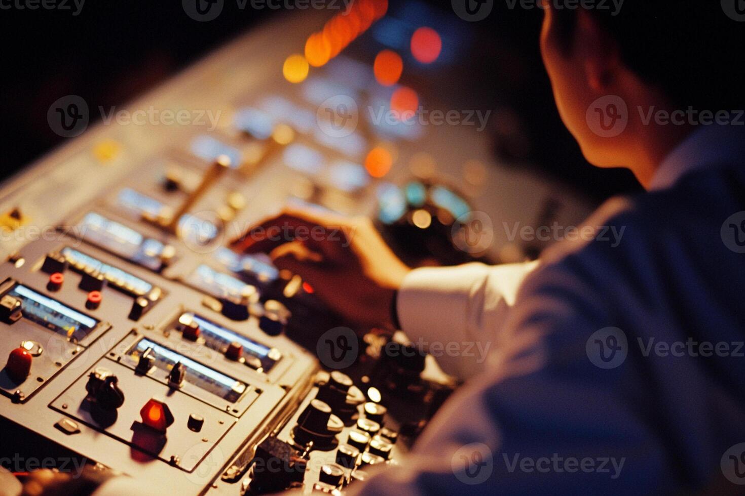 A person is using a control panel in a dark room photo