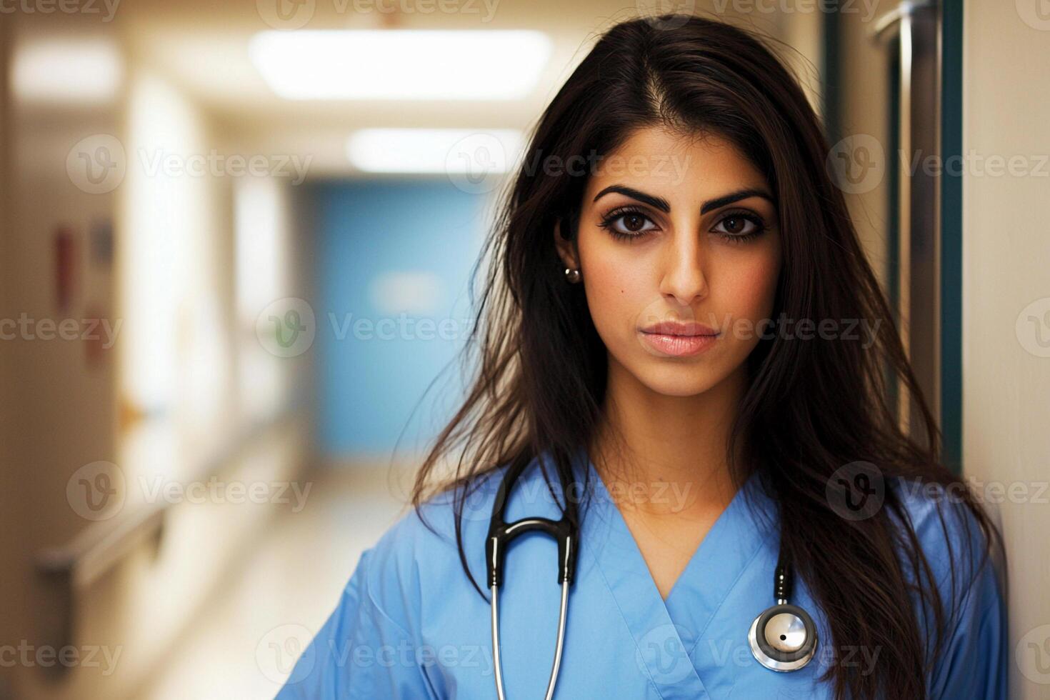 A beautiful young woman in a blue scrub suit photo
