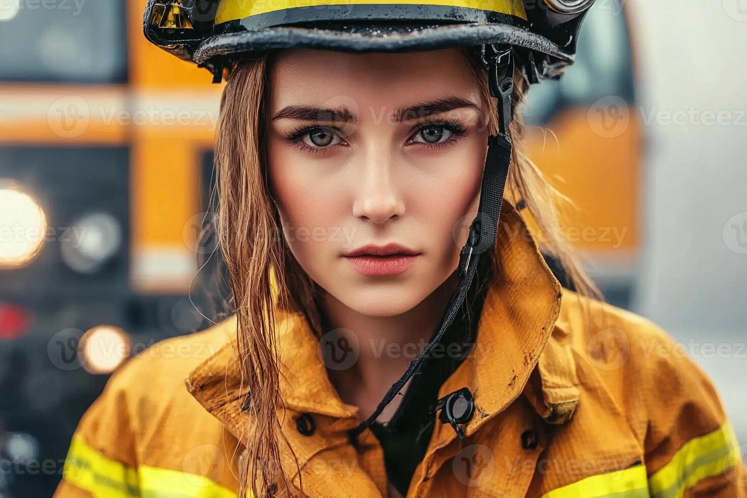 A beautiful woman in a fireman's uniform photo