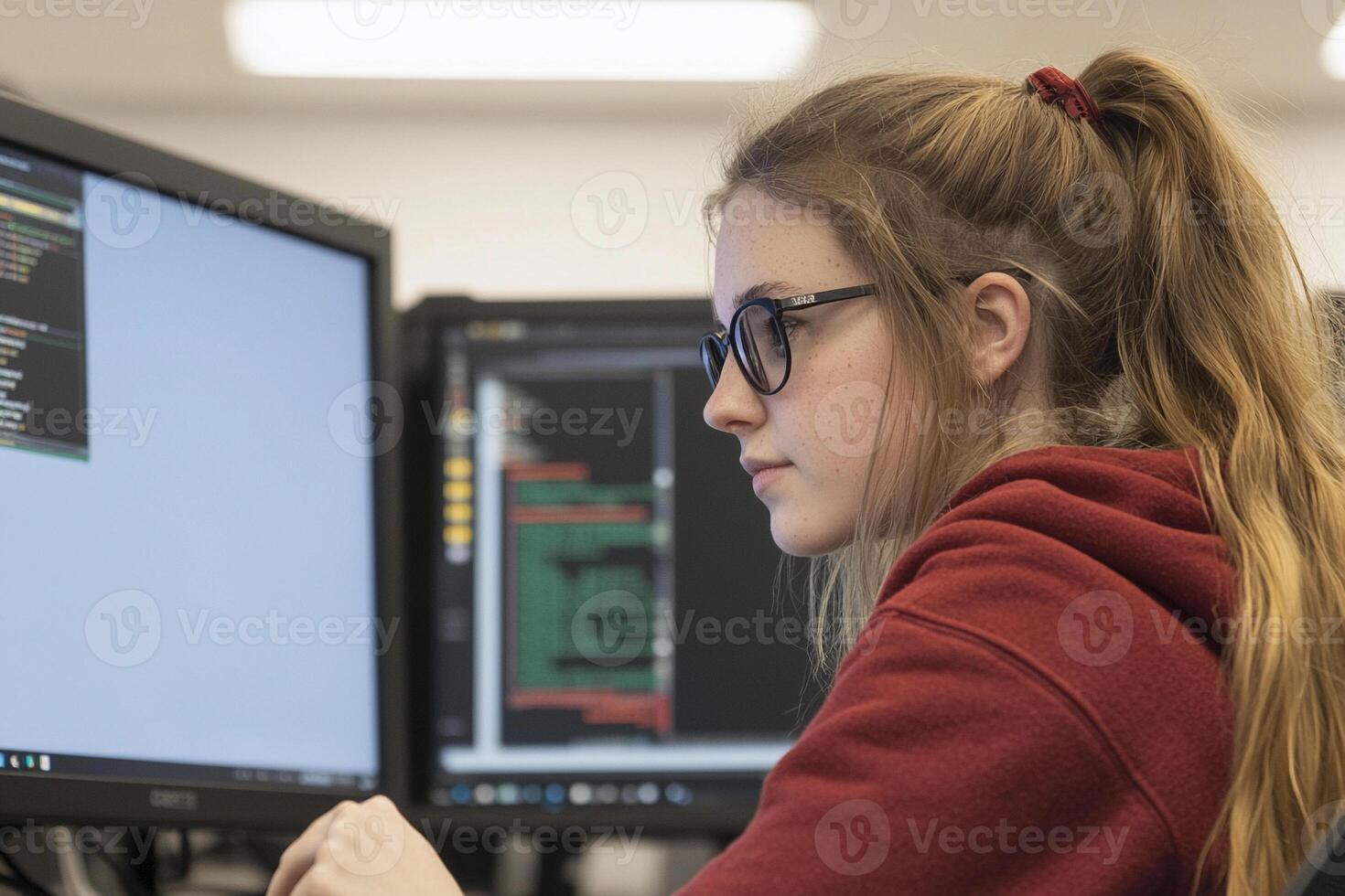 A girl in glasses is working on a computer photo