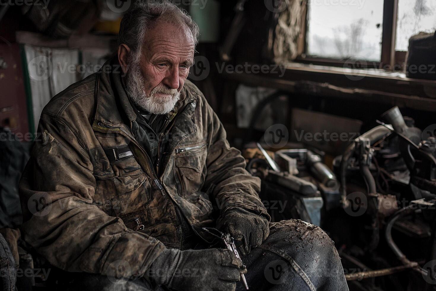 An old man sitting in a dirty workshop photo
