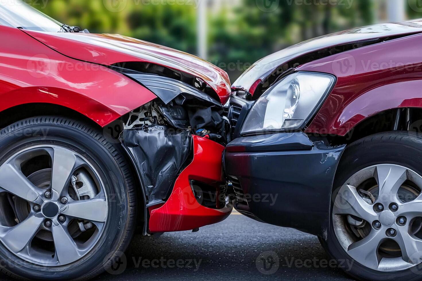 Two red cars that have been involved in a collision photo