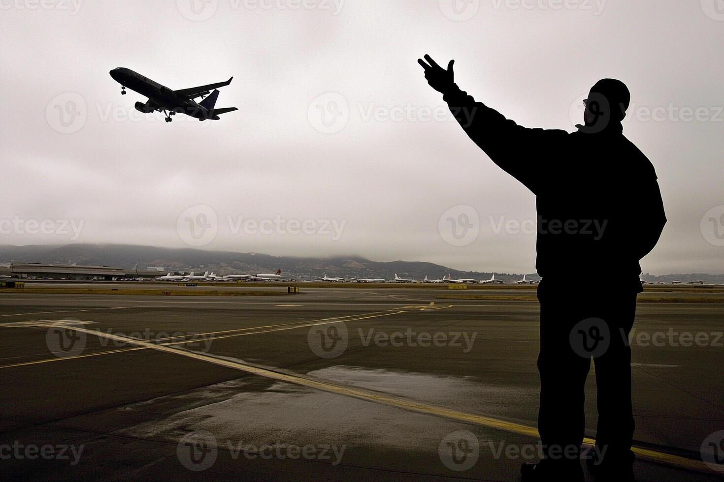 A man is standing on a runway pointing at an airplane photo