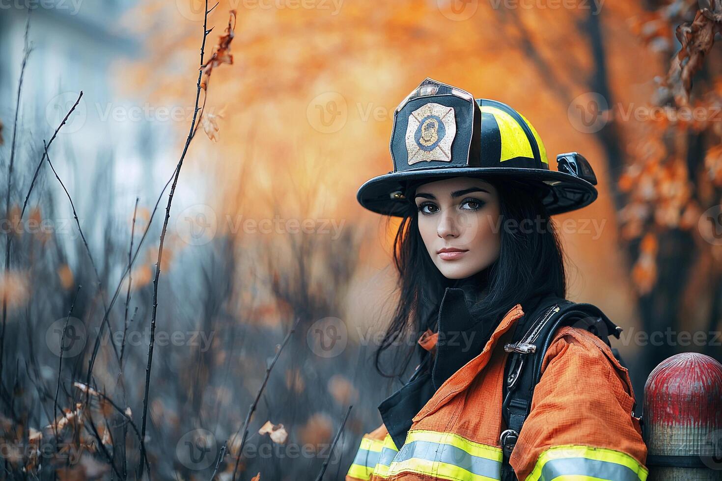 A woman in a fireman's uniform is standing in front of a tree photo