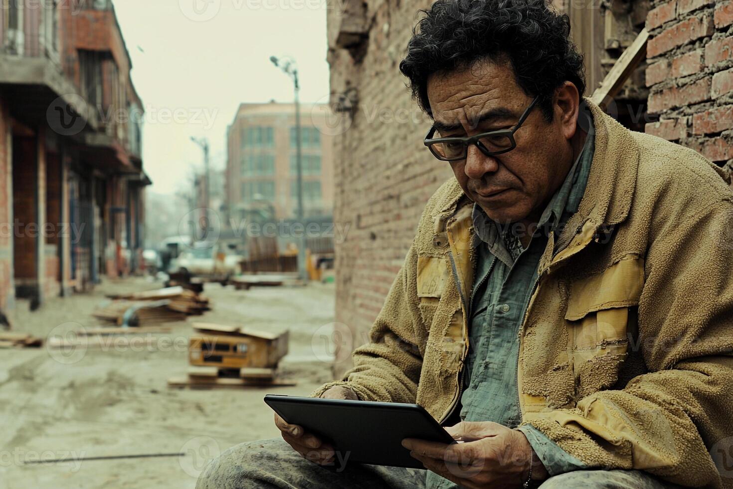 A man sitting on the ground with a tablet computer photo