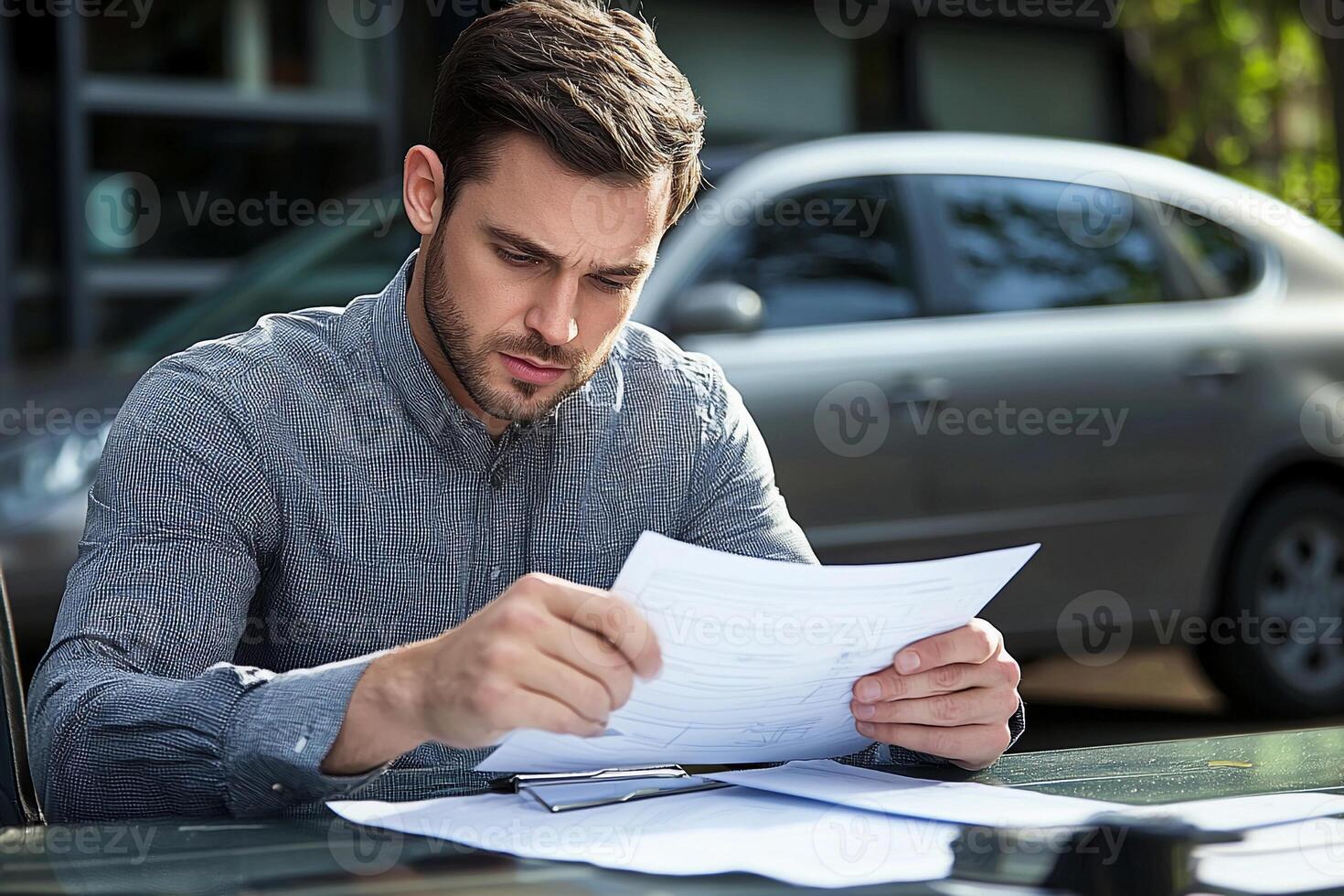 A man is reading a document while sitting in front of a car photo