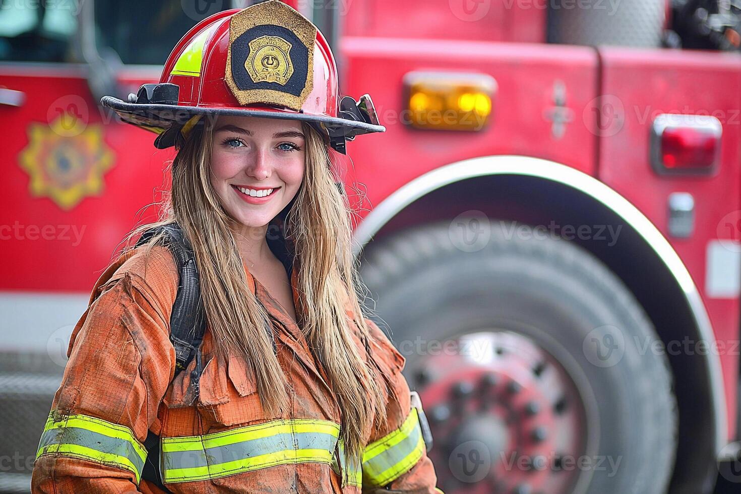 A woman in a fireman's uniform photo