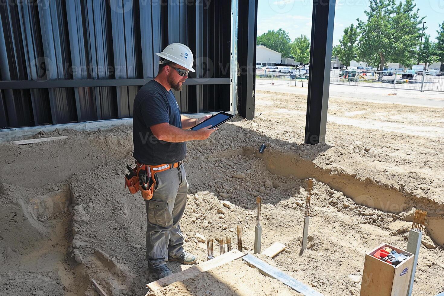 A man in a hard hat and safety glasses is using a tablet photo