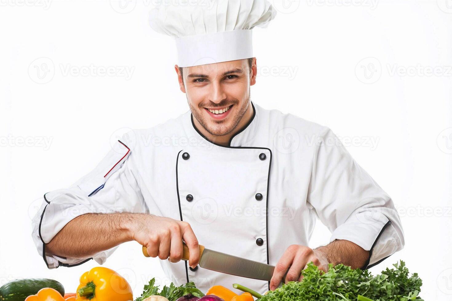 A chef is cutting vegetables on a table photo