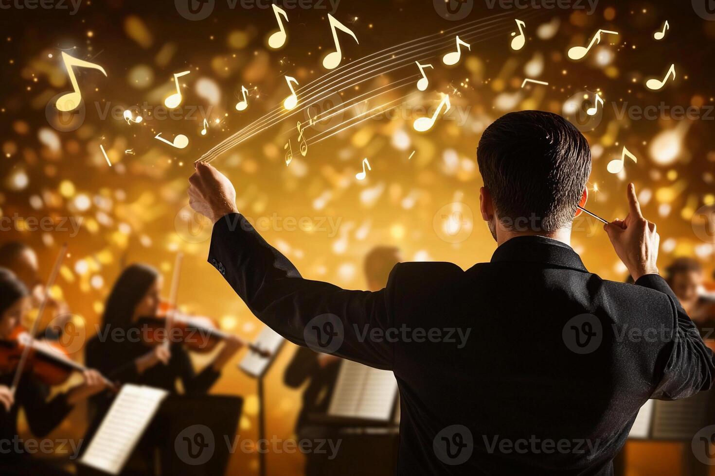 A conductor is holding up his hands in front of a group of musicians photo