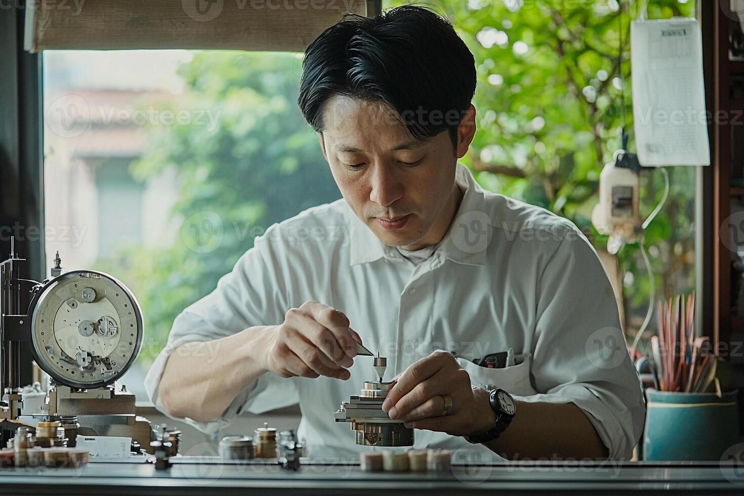 A man working on a watch in a workshop photo