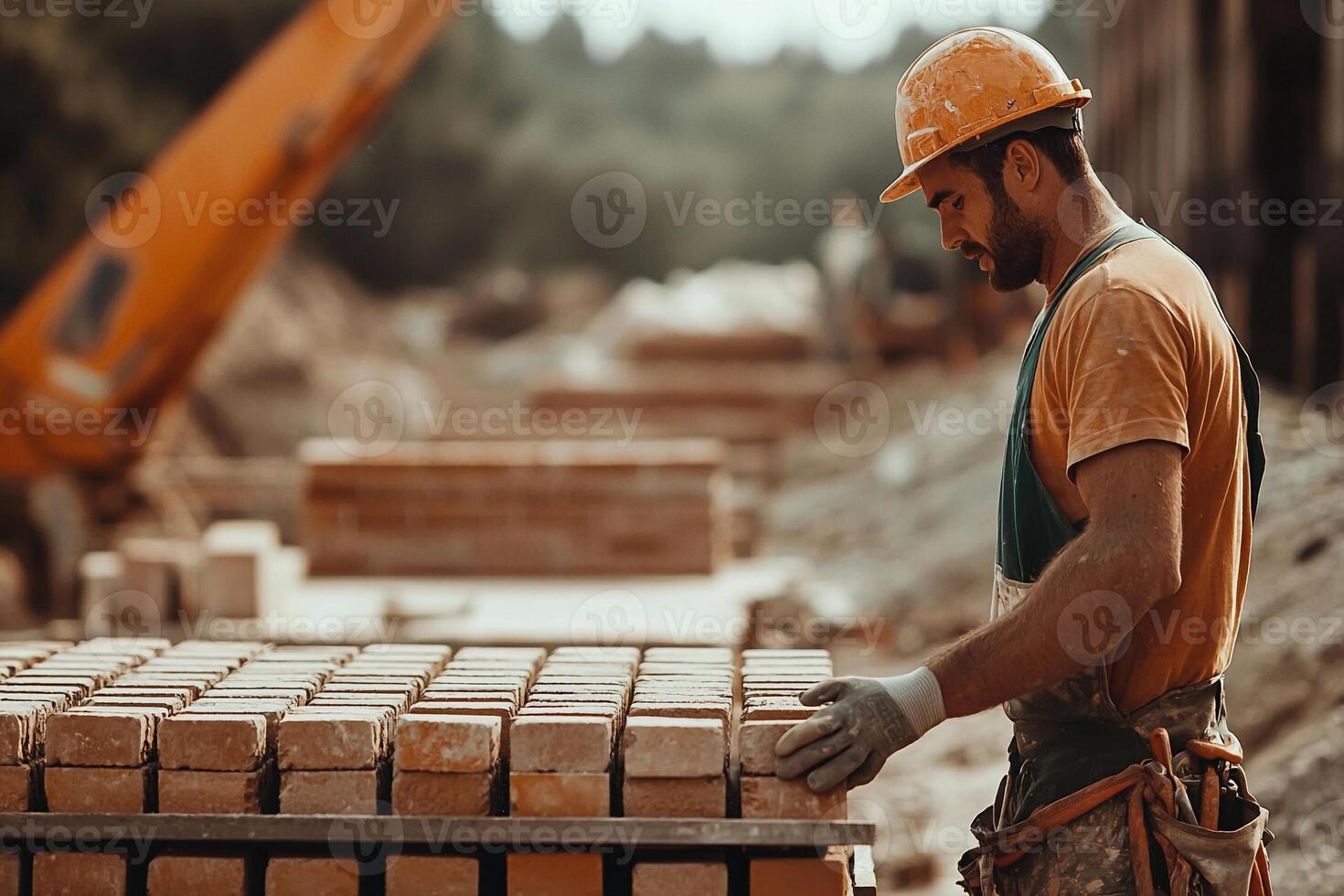 A man in an orange hard hat and overalls is working on bricks photo
