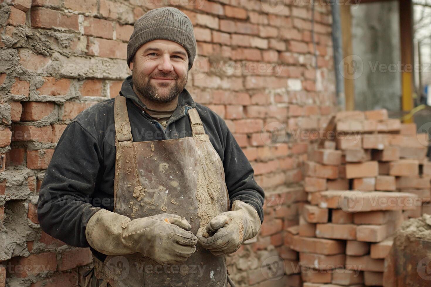 A man in an apron and gloves standing in front of a brick wall photo